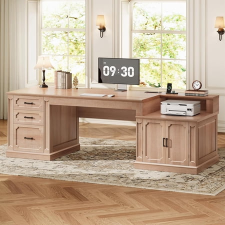 SEDETA 71 Inch Farmhouse Computer Desk with Storage, Mid Century Style Wood Home Office Desk with Power Outlets,3 Wood Drawers and Cabinet, Executive Desk, Writing Desk for Bedroom, Oak Wood