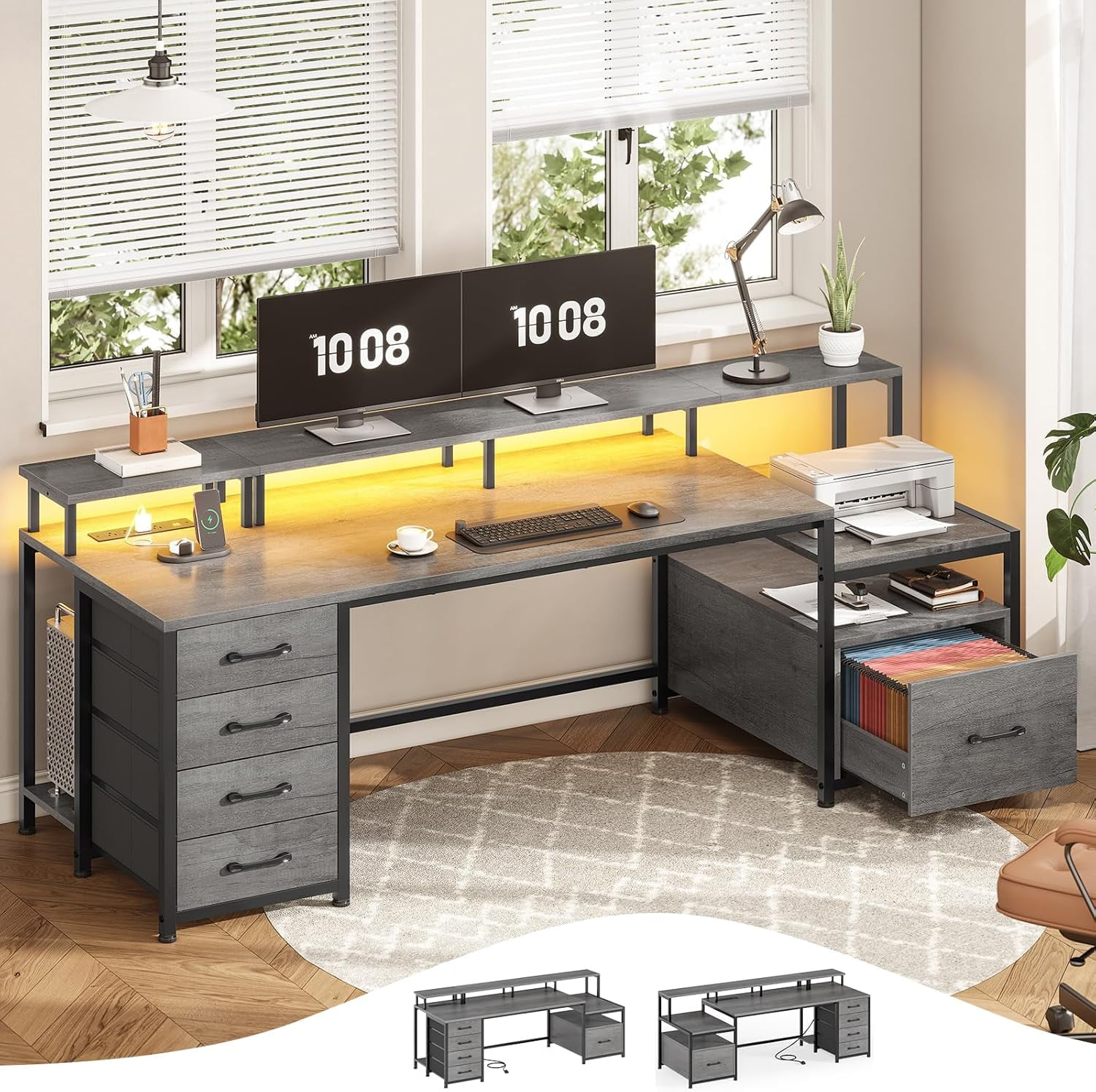 SEDETA 75'' Computer Desk with 5 Drawer, Power Outlet & Led Lights ...