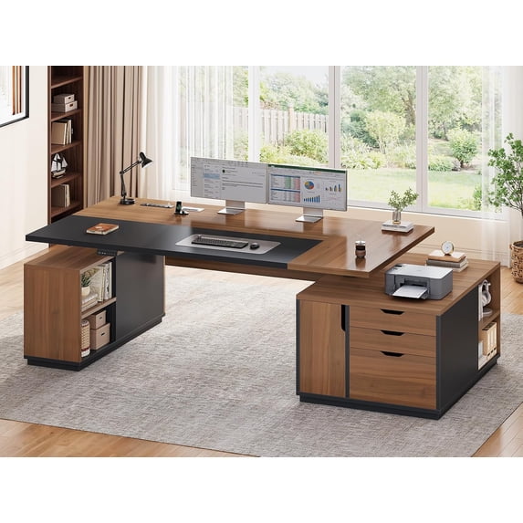 SEDETA 77.1" Executive Large Electric Standing Desk, Height Adjustable Sit Stand Desk with 2 Drawers, Storage Cabinet & Charging Port for Home Office, Brown