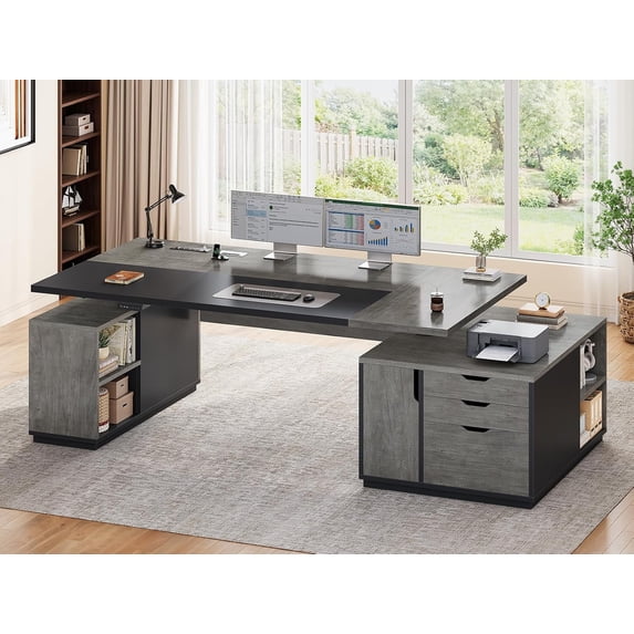 SEDETA 77.1" Executive Large Electric Standing Desk, Height Adjustable Sit Stand Desk with 2 Drawers, Storage Cabinet & Charging Port for Home Office, Grey