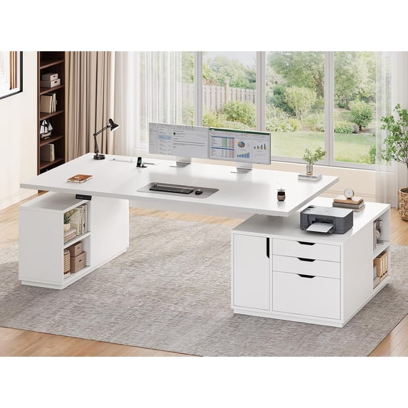 SEDETA 77.1" Executive Large Electric Standing Desk, Height Adjustable Sit Stand Desk with 2 Drawers, Storage Cabinet & Charging Port for Home Office, White