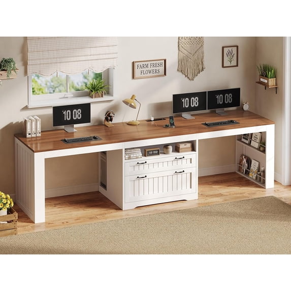 SEDETA 94.5" Two Person Desk, Long Farmhouse Computer Desk with Power Outlet & Large File Drawer, Double Workstation with Storage Shelves for Home Office, White + Brown