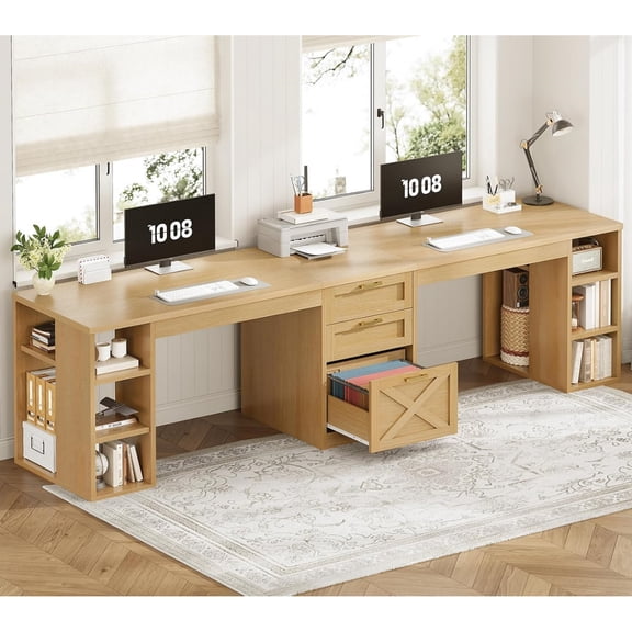 SEDETA 96.5 Inch 2 Person Desk with Storage, Farmhouse Double Desk with Drawers and Open Shelves, Home Office Desk with Printer Stand and File Drawer, Oak Wood