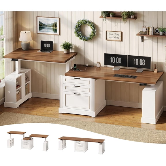 SEDETA 98.4 Inch 2 Person Standing Desk with Drawers Cabinet, Farmhouse Electric Height Adjustable Long Computer Workstation, Double Motorized Sit Stand Office Table with Power Strip, White + Brown