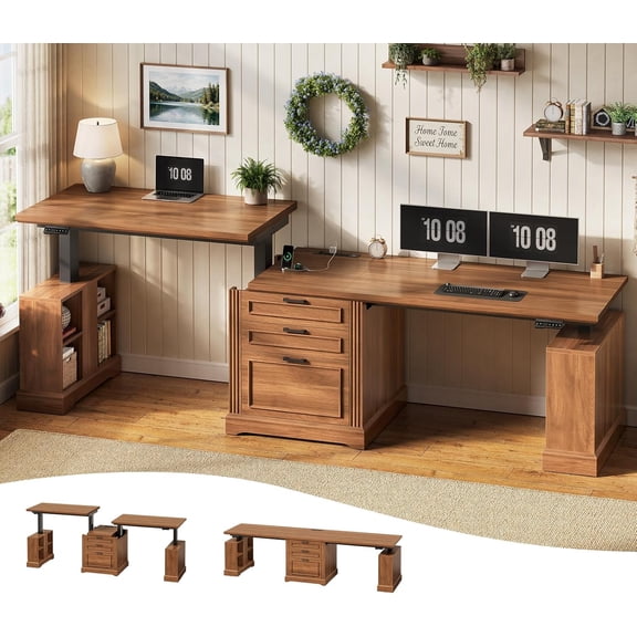 SEDETA 98.4 Inch 2 Person Standing Desk with Drawers Cabinet, Farmhouse Electric Height Adjustable Long Computer Workstation, Double Motorized Sit Stand Office Table with Power Strip, Brown