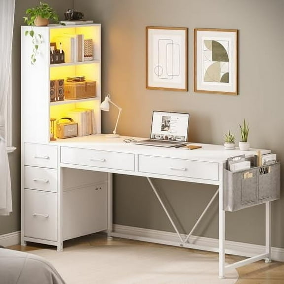 SEDETA Computer Desk with 5 Drawers and Bookshelf, Reversible Home Office Desk with Storage Shelves and File Drawer, Gaming Desk with LED Lights for Small Spaces, White