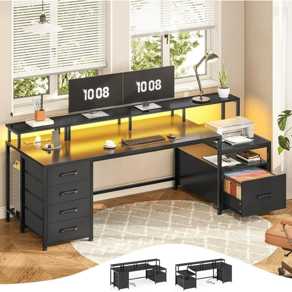 SEDETA Computer Desk with 5 Drawers & Power Outlet, Home Office Desk with File Drawer, Storage Shelves, Printer Cabinet and Monitor Shelf, Gaming Desk with LED Lights