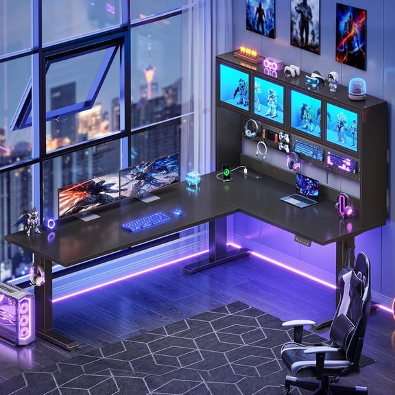 SEDETA Electric L-Shaped Standing Gaming Desk with Hutch & Pegboard, Height Adjustable Corner Computer Desk with Smart RGB Lights & Charging Station for Home Office, Black