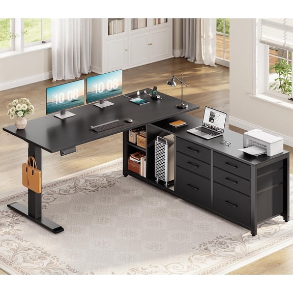 SEDETA Electric Standing Desk with 6 Drawers, Height Adjustabel L Shaped Office Desk with Open Shelves. Sit Stand Computer Desk with Power Outlets for Home Office, Black