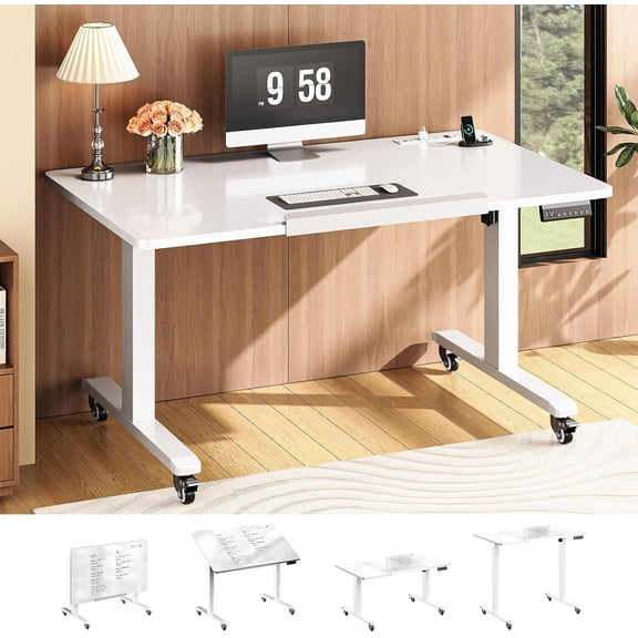 SEDETA Electric Standing Desk with Whiteboard, 47x24 Foldable Adjustable Height Mobile Computer Desk on Wheels, 180° Tiltable Drawing Drafting Table with Power Outlets for Home Office Small Space