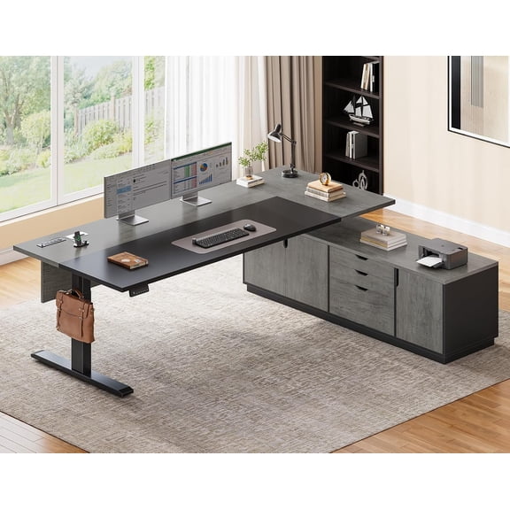 SEDETA Electric Standing Executive Desk, 71 Inch L Shaped Height Adjustable Office Desk with 3 Drawers and Cabinet, Sit Stand Up Home Office Desk with Power Outlets & Side Hook, Grey