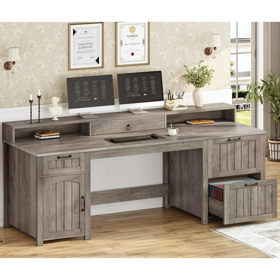 SEDETA Farmhouse 63" Executive Desk, Wood Computer Desk with Drawers and Storage Cabinet, Home Office Desk with File Drawer and Monitor Stand, Wood Desk for Work Study Writing, Grey