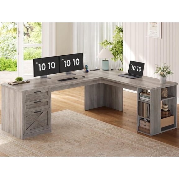 SEDETA Farmhouse 67" L Shaped Desk with 3 Drawers, Executive Desk, Home Office Desks with Storage Shelves, Corner Computer Desk with Power Outlets for Home Office, Grey