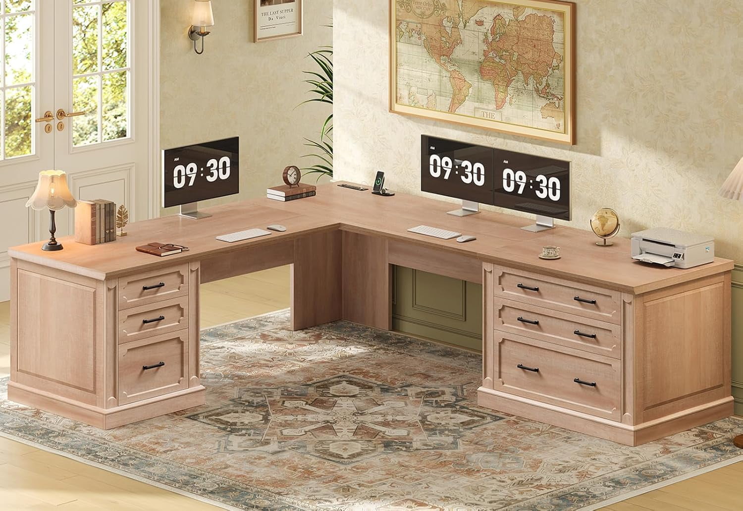SEDETA Farmhouse 78.7" Executive L Shaped Desk with 6 Drawers, Home Office Desk with Power Outlet, File Cabinet Storage, Wood Corner Computer Desk for Work and Study, Oak