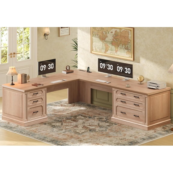 SEDETA Farmhouse 78.7" Executive L Shaped Desk with 6 Drawers, Home Office Desk with Power Outlet, File Cabinet Storage, Wood Corner Computer Desk for Work and Study, Oak