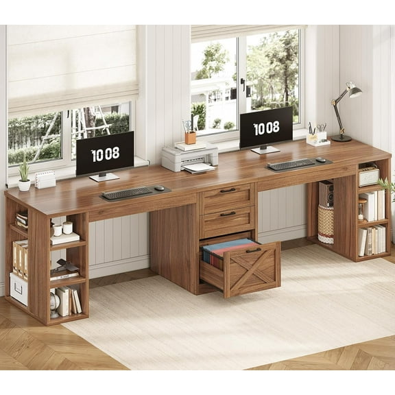SEDETA Farmhouse 96.5" Computer Desk with Drawers, 2 Person Home Office Desk, Gaming Double Desk with Storage Shelves, Long Two Person Writing Desk, Brown