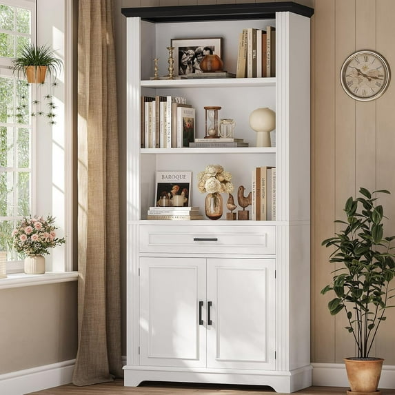 SEDETA Farmhouse Bookshelves and Bookcases with Doors and Drawer, Bookshelf with Storage, Floor Standing 6 Shelf Display Storage Shelves 70 in Tall Bookshelf for Home Office, Living Room, White