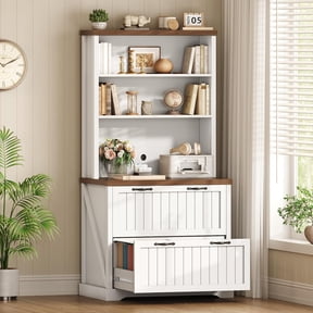 SEDETA Farmhouse File Cabinet with 2 Drawers, Filing Cabinet for Home Office with Storage Shelves and Printer Stand, Tall Office File Cabinets for Letter/Legal/A4 Size, White + Brown