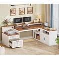 thumbnail image 1 of SEDETA Farmhouse L-Shaped Desk, 59 Inch Corner Computer Desk with Drawers, Storage Cabinet, Monitor Stand & Power Outlets, Home Office Desk, White + Brown, 1 of 9