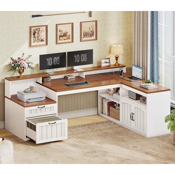 SEDETA Farmhouse L-Shaped Desk, 59 Inch Corner Computer Desk with Drawers, Storage Cabinet, Monitor Stand & Power Outlets, Home Office Desk, White + Brown