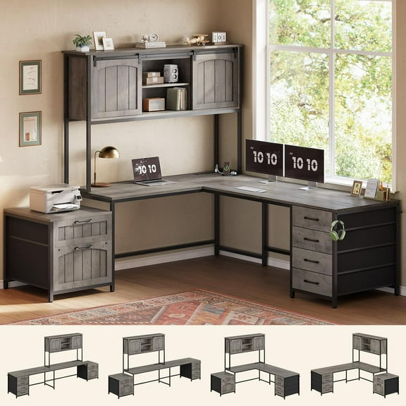 SEDETA Farmhouse L Shaped Desk with Drawers & Hutch, Home Office Desk with File Drawer & Sliding Barn Doors, Two person Desk with Power Outlets, Corner Computer Desk for Bedroom, Grey