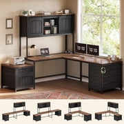 SEDETA Farmhouse L Shaped Desk with Drawers & Hutch, Home Office Desk with File Drawer & Sliding Barn Doors, Two person Desk with Power Outlets, Corner Computer Desk for Bedroom, Black