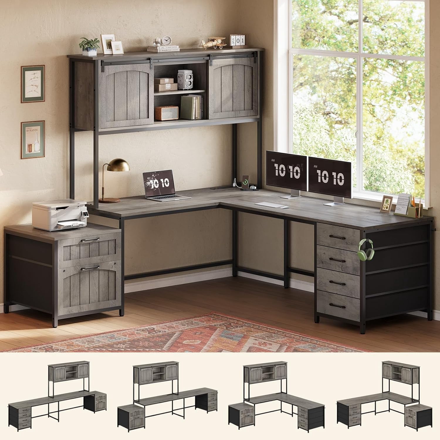 SEDETA Farmhouse L Shaped Desk with Drawers & Hutch, Home Office Desk ...