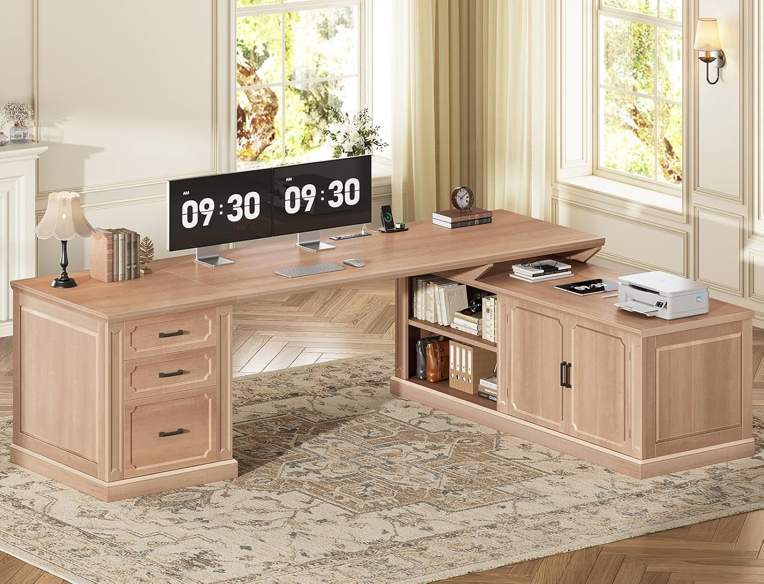 SEDETA Farmhouse L Shaped Desk with Storage, 70.9" Home Office Desk with Storage Cabinet and Storage Shelves, L Shaped Computer Desk with Power Outlet for Bedroom, Office, Oak