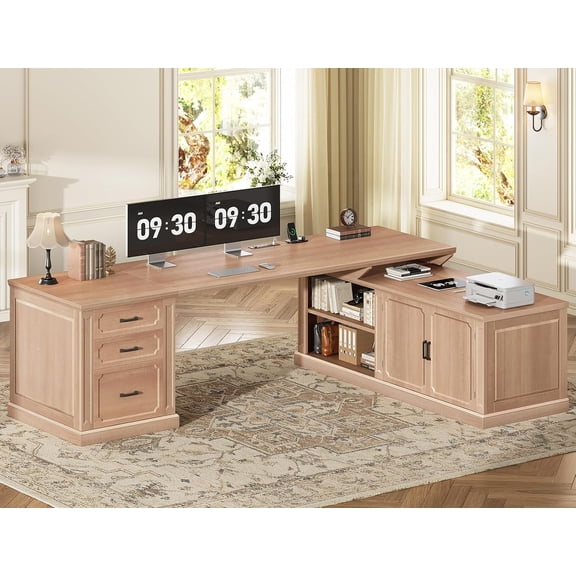 SEDETA Farmhouse L Shaped Desk with Storage, 70.9" Home Office Desk with Storage Cabinet and Storage Shelves, L Shaped Computer Desk with Power Outlet for Bedroom, Office, Oak