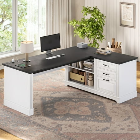 SEDETA Farmhouse 61" Executive L Shaped Desk, Home Office Desk with File Drawers, Computer Desk with Power Outlets and Storage Shelves for Home Office, White