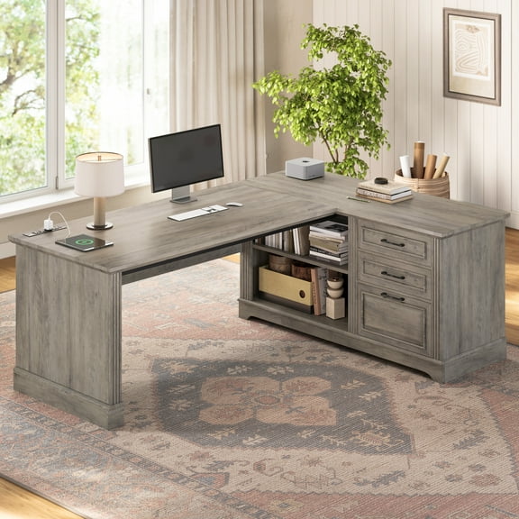 SEDETA Farmhouse L Shaped Desk with Storage, Home Office Desk with Power Outlets, Drawer, File Drawer & 2-Tier Open Shelves, Rustic Corner Computer Desk, PC Large Wood Workstation, Grey