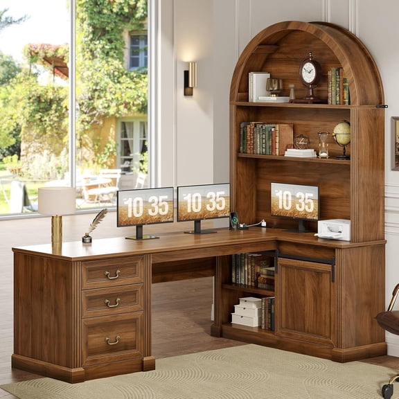 SEDETA Farmhouse L Shaped Desk with Tall Arched Bookshelf, Mid-Century Office Computer Desk with 3 Drawers and Storage Shelves, Corner Executive Desk with Sliding Barn Door for Home Office, Brown