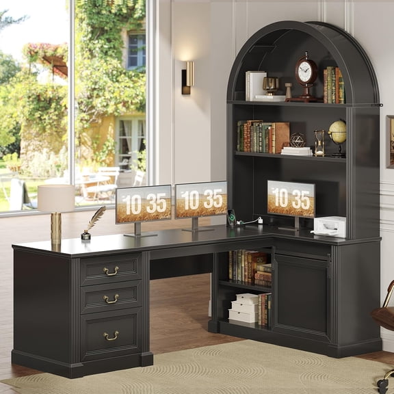 SEDETA Farmhouse L Shaped Desk with Tall Arched Bookshelf, Mid-Century Office Computer Desk with 3 Drawers and Storage Shelves, Corner Executive Desk with Sliding Barn Door for Home Office, Black