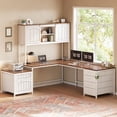 thumbnail image 1 of SEDETA Farmhouse L Shaped Office Desk with 6 Drawer, Reversible Computer Desk with Power Outlet, Hutch for Home Office/Two Person, Corner Desk with File Drawer & Printer Storage Shelves, White, 1 of 9