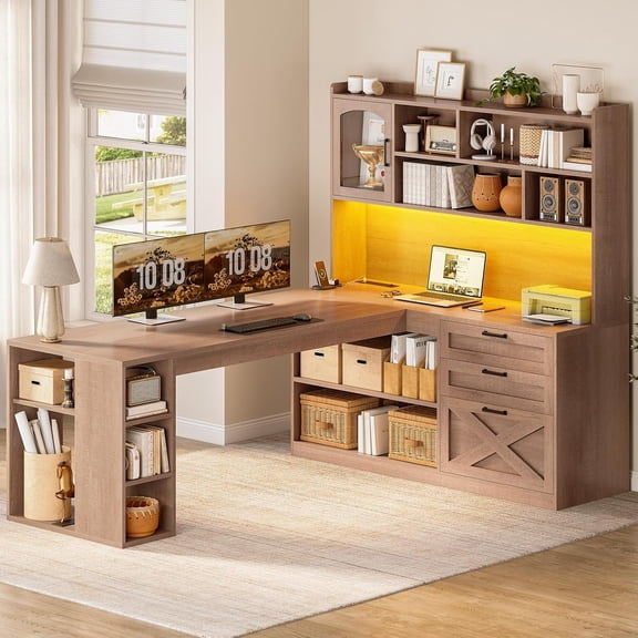 SEDETA Farmhouse L Shaped Office Desk with Storage, 61 Inch Large Computer Desk with 3 Drawers, 11 Open Shelves and Power Outlet, Corner Gaming Desk with LED Light and Display Cabinet, Natural
