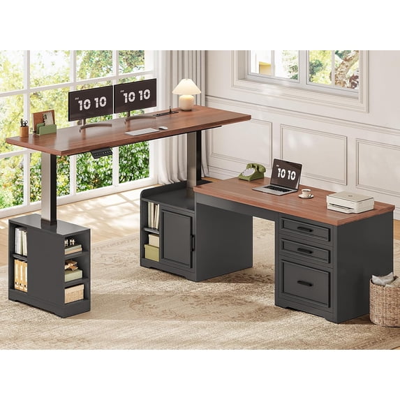 SEDETA Farmhouse L Shaped Standing Desk with Storage, Standing Computer Desk with Power Outlets, Height Adjustable Two Person Desk with Drawers & Cabinet, Home Office Desk with Open Shelves, Black