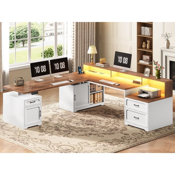 SEDETA Farmhouse L Shaped Standing Electric Desk with Storage, Height Adjustable Sit Stand Computer Desk with 3 Drawers, Monitor Shelf, Charging Port & LED Light, White