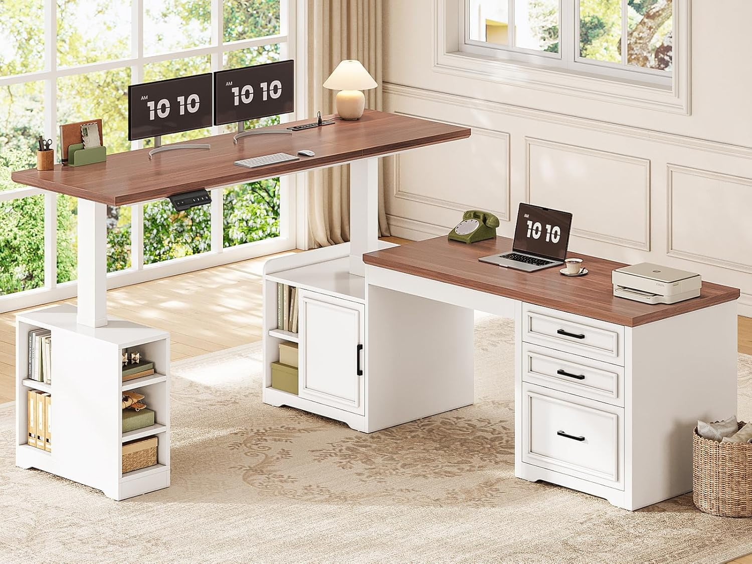 SEDETA Farmhouse Standing Desk with Storage, L Shaped Standing Desk with Power Outlets, Height Adjustable Two Person Desk with Drawers & Cabinet, Large Home Office Desk with Open Shelves, White