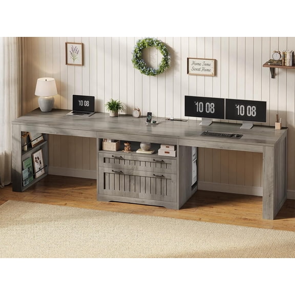 SEDETA Farmhouse Two Person Computer Desk, 94.5" Long Double Desk with Charging Station & File Drawers, Dual Monitor Workstation with Storage Shelves for Home Office Study, Grey