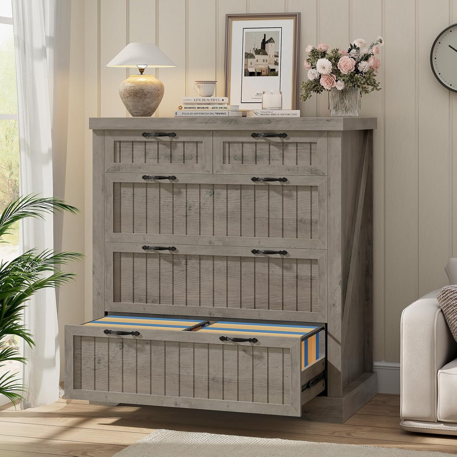 SEDETA File Cabinet with 5 Wood Drawers, Farmhouse Filing Cabinet for Home Office, Wood Office File Cabinets for Letter/Legal/A4 Size, Lateral File Cabinets with Printer Stand, Grey