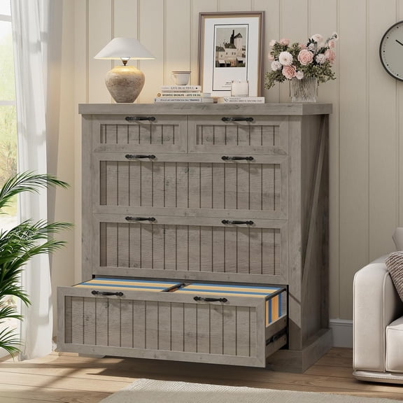 SEDETA File Cabinet with 5 Wood Drawers, Farmhouse Filing Cabinet for Home Office, Wood Office File Cabinets for Letter/Legal/A4 Size, Lateral File Cabinets with Printer Stand, Grey
