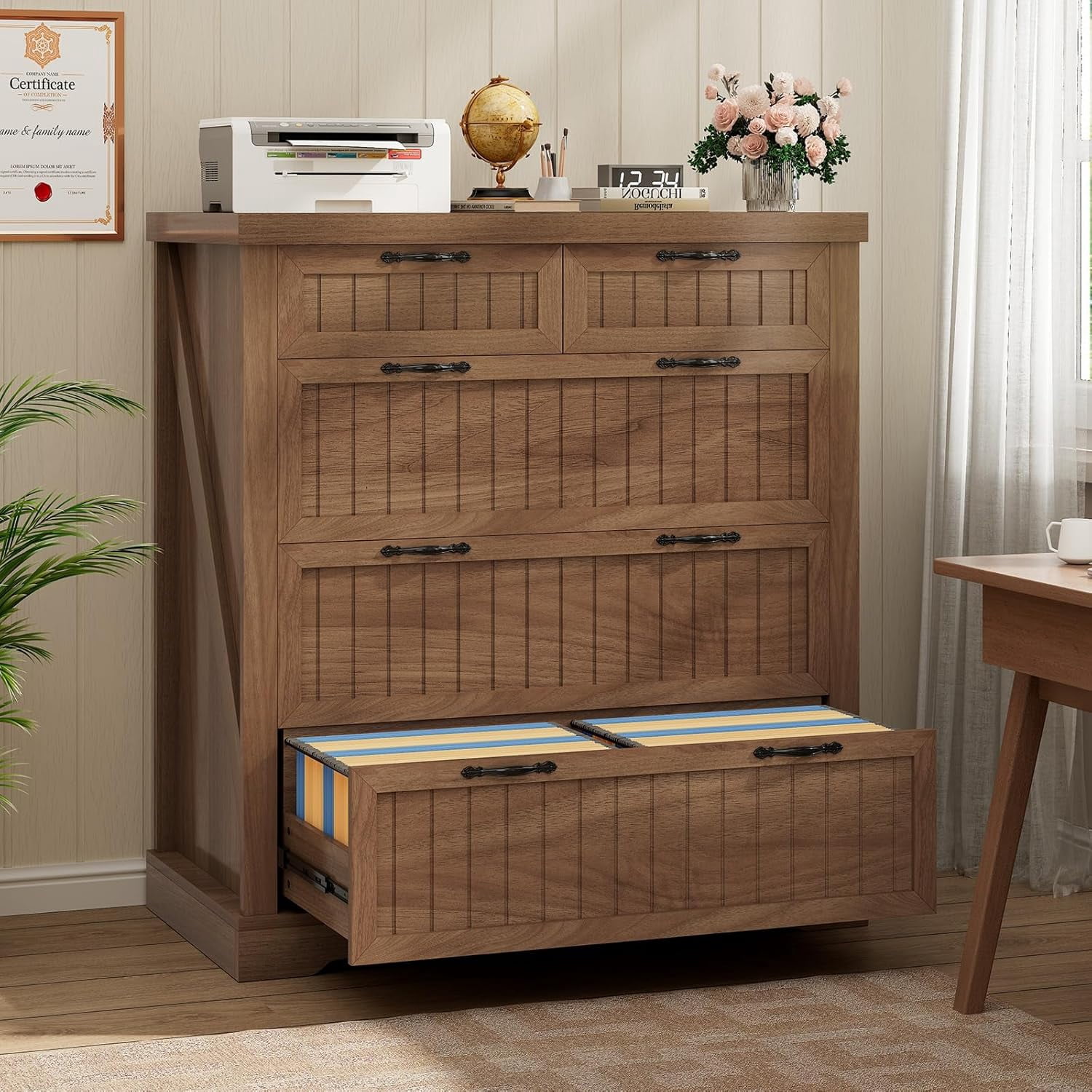 SEDETA File Cabinet with 5 Wood Drawers, Farmhouse Filing Cabinet for Home Office, Wood Office File Cabinets for Letter/Legal/A4 Size, Lateral File Cabinets with Printer Stand, Brown