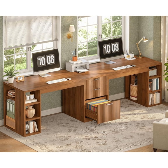 SEDETA Fluted 96.5" Two Person Desk with Storage Drawers & Printer Stand, Extra Long Double Computer Desk with File Cabinet & Open Shelves for Home Office, Gaming Desk, Brown