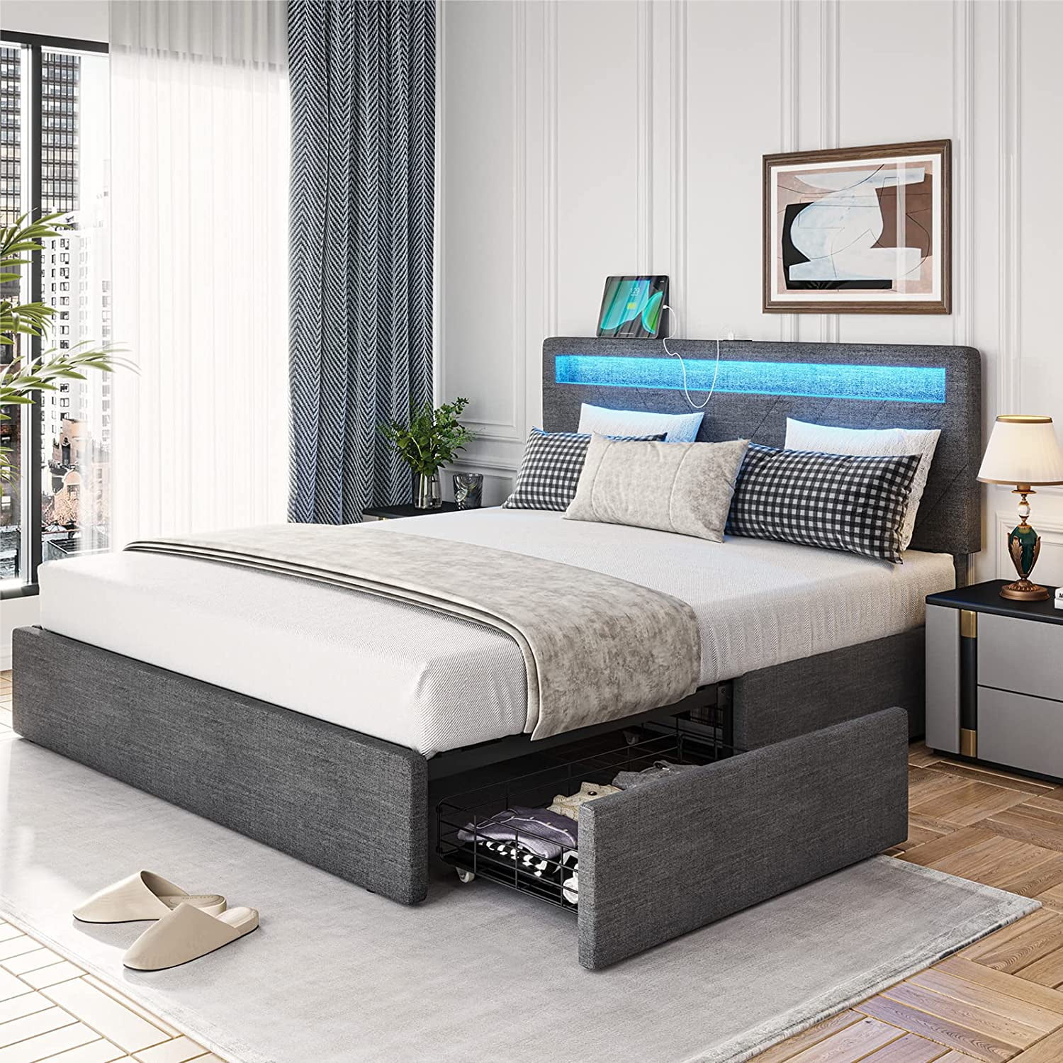 IRONCK Full Size Bed Frame with Drawers, Ergonomic Storage Headboard with  Charging Station, LED Ligh…See more IRONCK Full Size Bed Frame with  Drawers