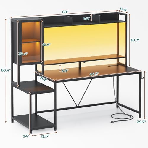 SEDETA Gaming Desk, 60'' Gaming Desk with Hutch and LED Lights, Computer Desk with Storage Shelves, Large PC Gamer Desk with Display Cabinet, Monitor Stand, Power Outlet for Home Office, Black