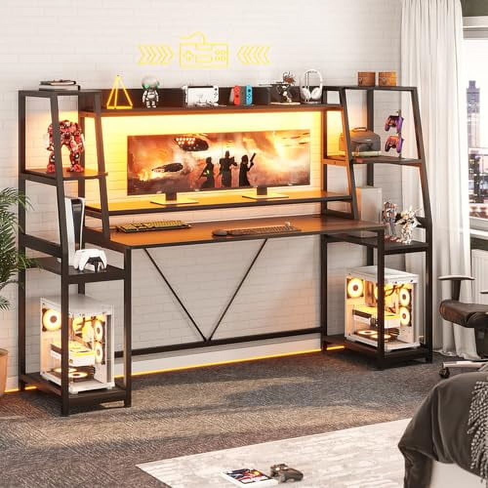 SEDETA Gaming Desk 78.8'' with LED Lights, Hutch and Storage Shelves ...