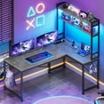 thumbnail image 1 of SEDETA L Shaped Computer Desk, 45.3” Small Office Desk, Corner Compuer Desk with Hutch, LED Lights, Power Outlet, Storage Shelves and Hooks for Home Office, Grey, 1 of 7