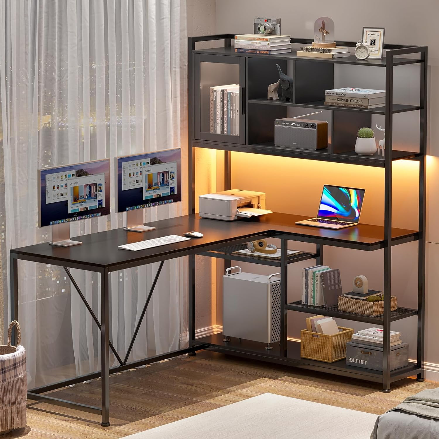 Rustic Brown and Black L-Shaped Computer Desk with Shelves and LED Lighting