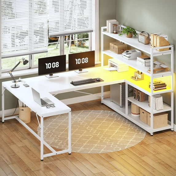 SEDETA L Shaped Computer Desk, 63” Reversible Office Desk or Corner Desk with Storage Shelves, White Gaming Desk with LED Lights, Power Outlet