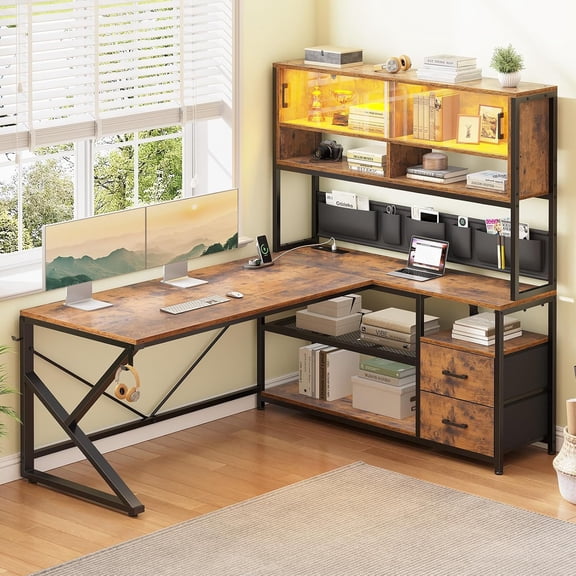 Hanyu L Shaped Computer Desk, Home Office Desk with 2 Drawer and Bookshelf, L Shaped Gaming Desk with LED Light, Glass Cabinet and Storage Bag, Corner Desk with Storage Shelves, Rustic Brown